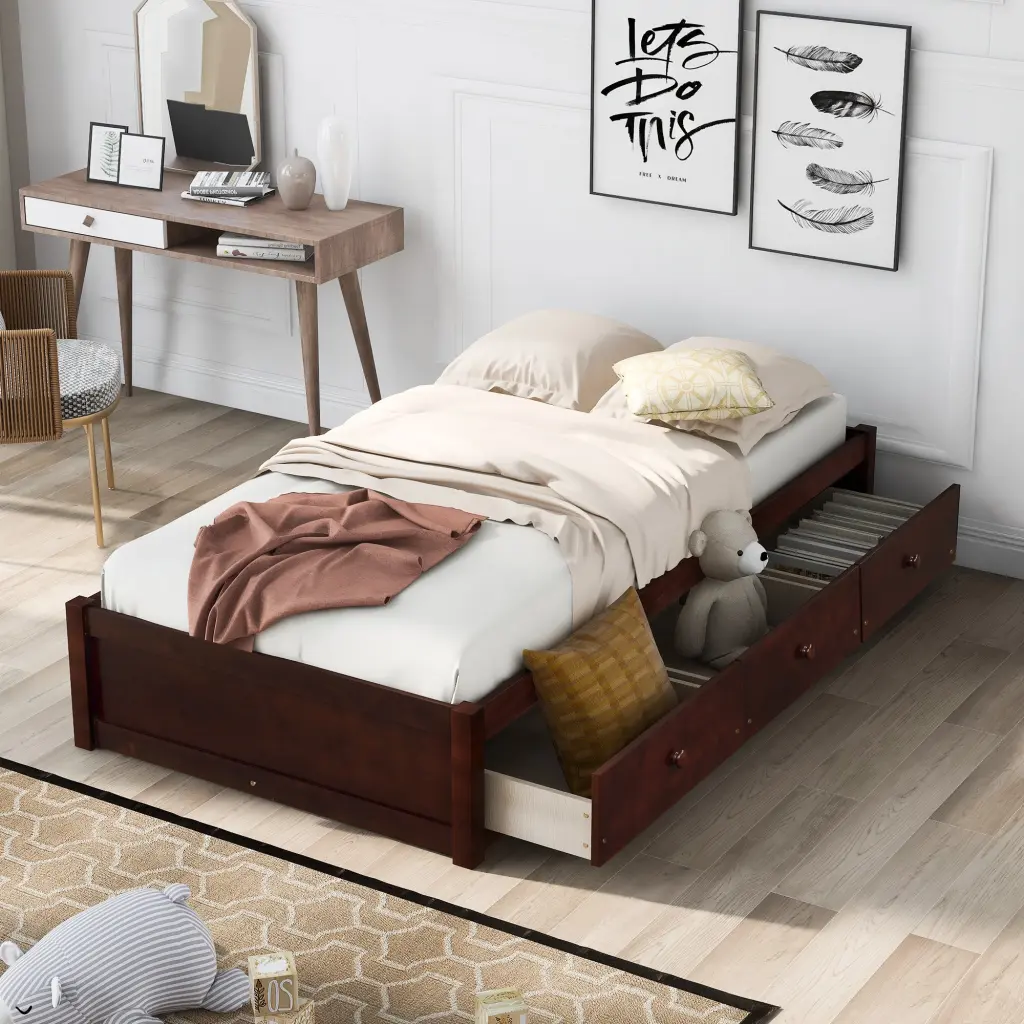 Orisfur Twin Size Platform Storage Bed 3 Drawers Cherry Solid Wood oris fur.