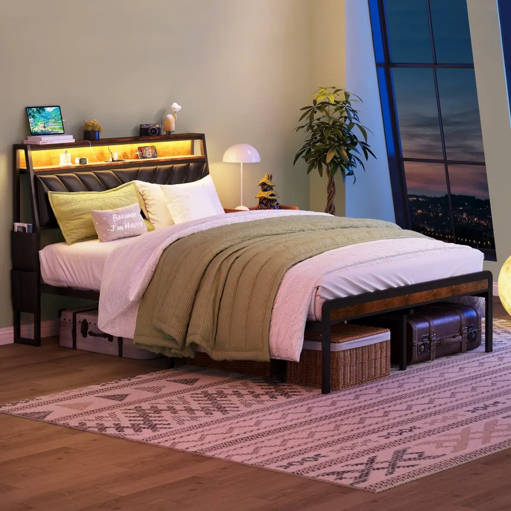 Queen Platform Bed Frame 105 Degree Tilted Upholstered Headboard rnb