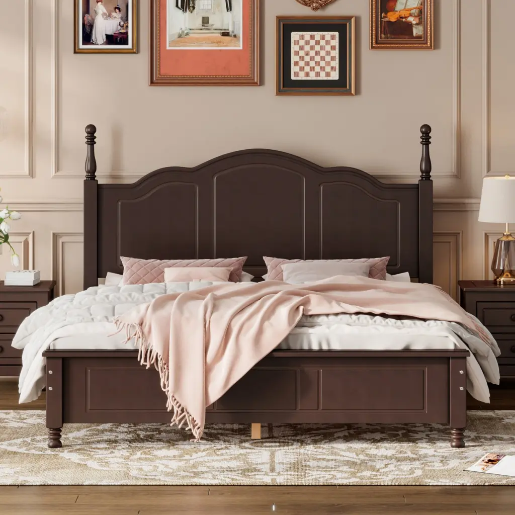 Queen Size Wood Platform Bed Frame Retro Style Wooden Headboard rnb