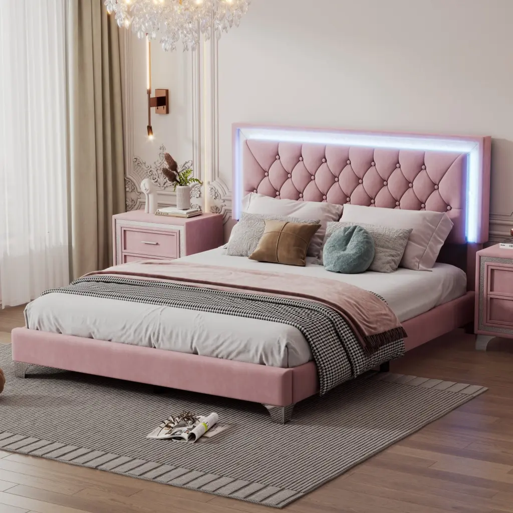 Queen Upholstered Bed Frame LED Lights Modern Velvet Platform Bed rnb