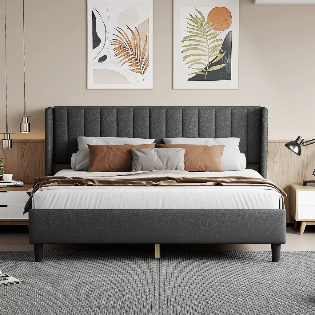 King Upholstered Platform Bed Frame Headboard and Bedding Foundation sarkozy