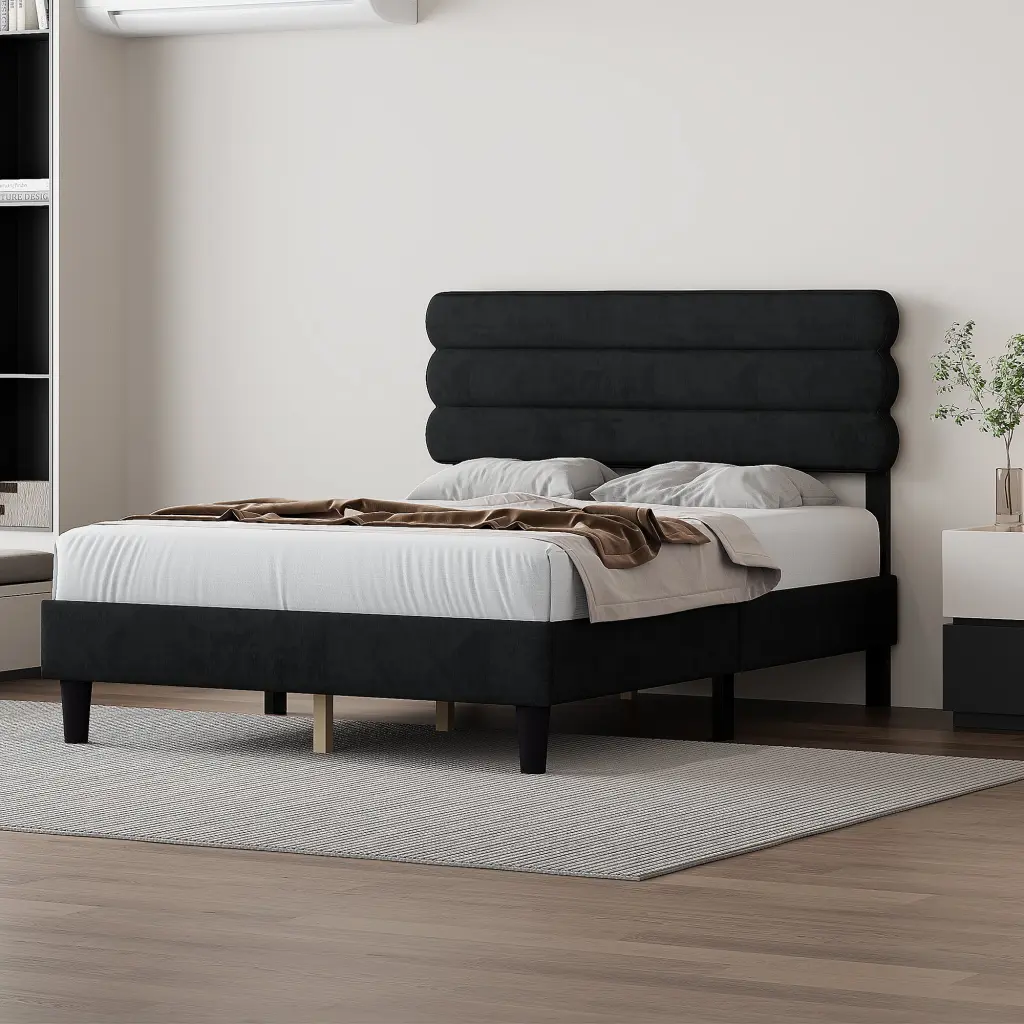 Queen Bed Frame Headboard Sturdy Platform Bed Wooden Slats Support No Box Spring sarkozy