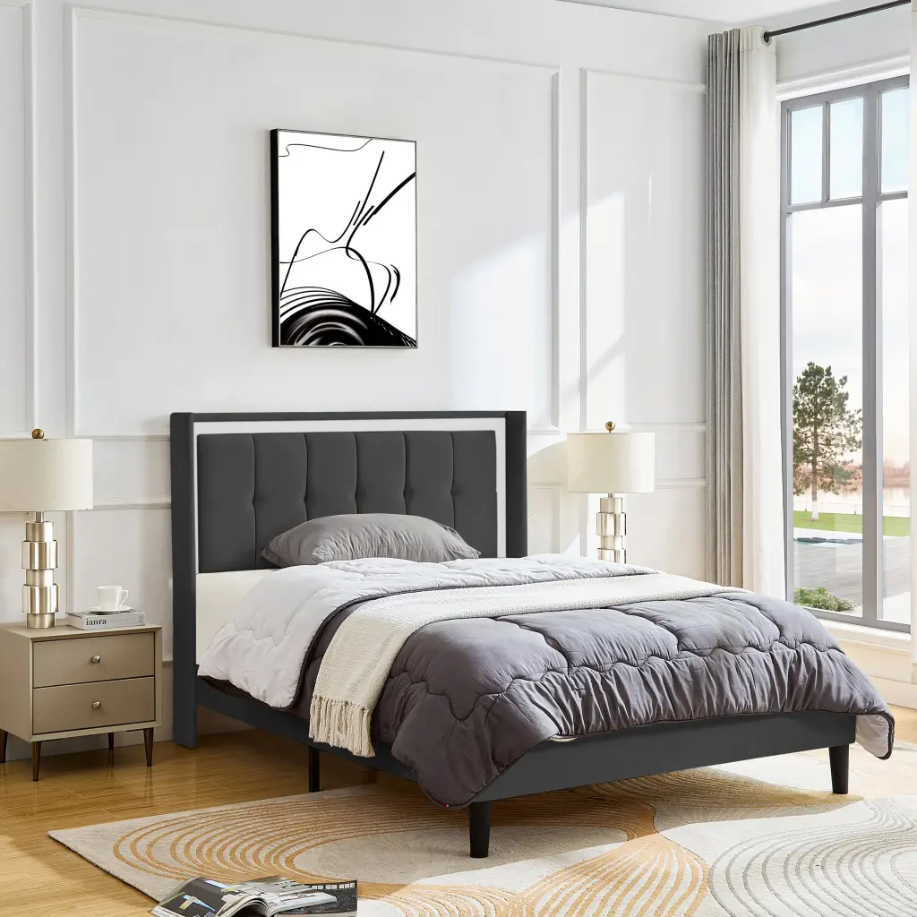 Queen Upholstered Platform Bed Frame Headboard And Robust Wood sarkozy