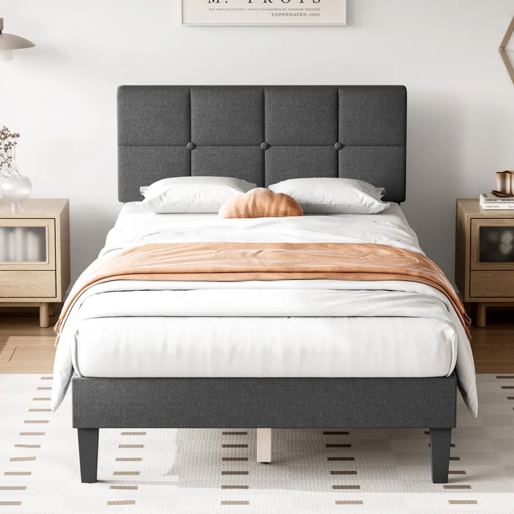 Full Size Bed Frame Linen Upholstered Platform Bed Headboard No Box Spring Needed w2201