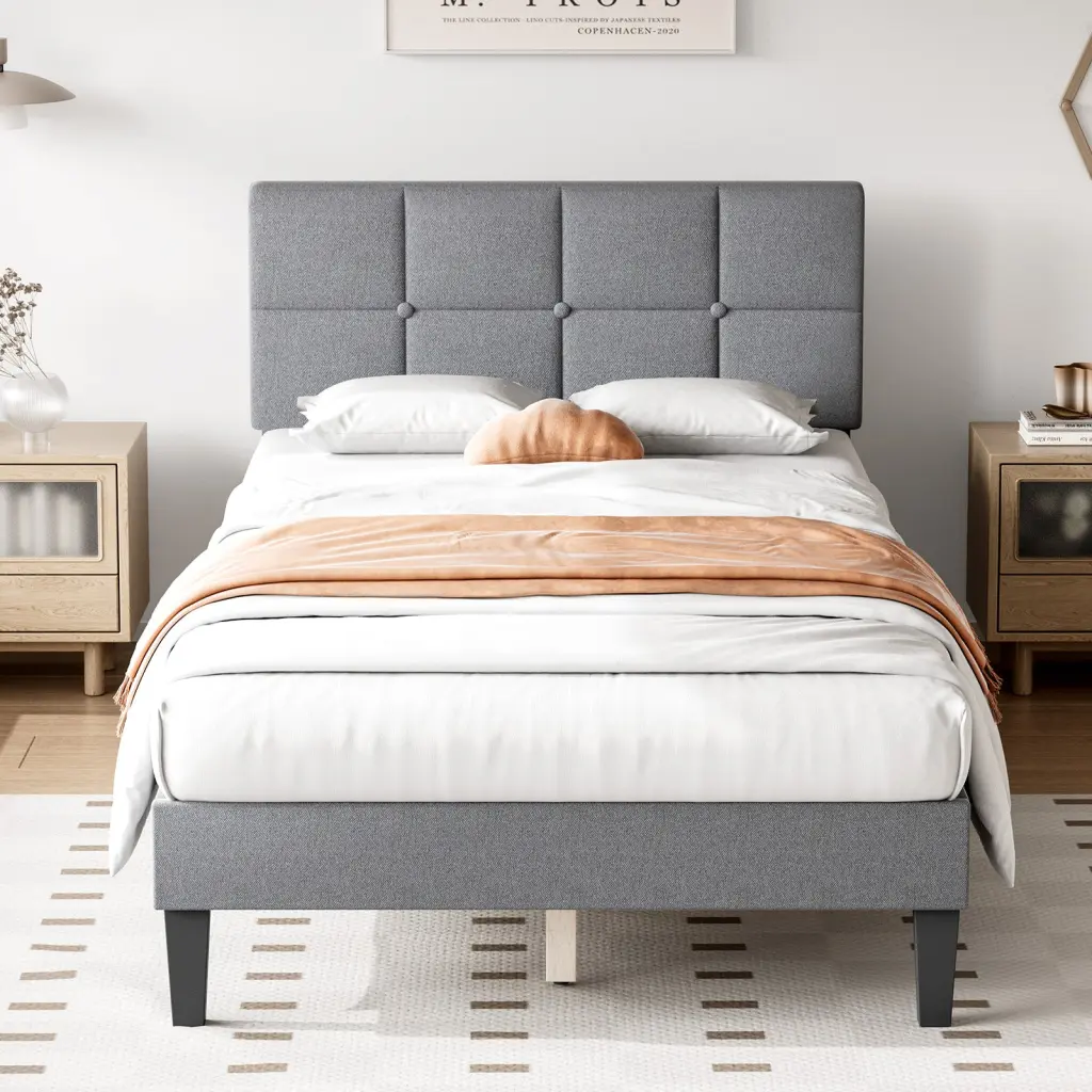 Full Size Linen Upholstered Platform Bed Frame Headboard Modern Bedroom Furniture w2201