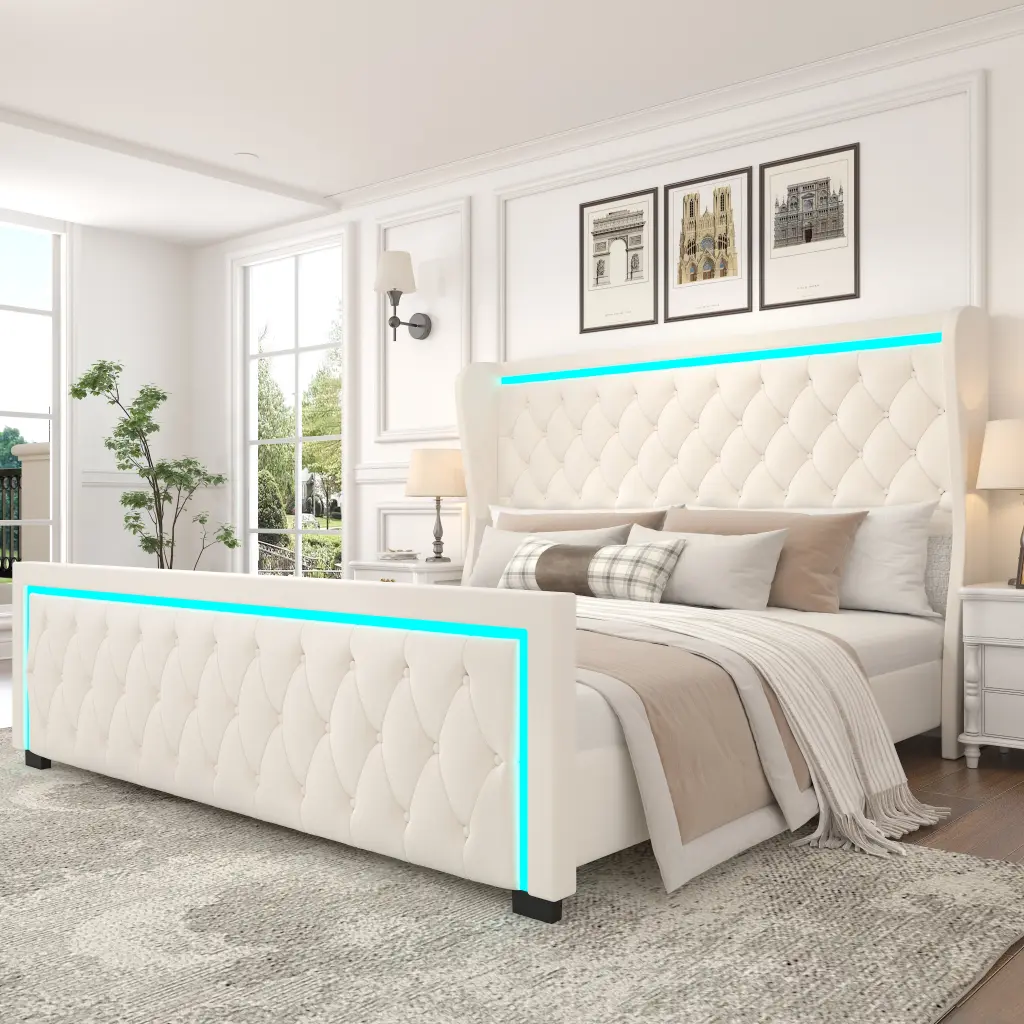 King Platform Bed Frame Velvet Upholstered Bed Deep Tufted Button welike furniture