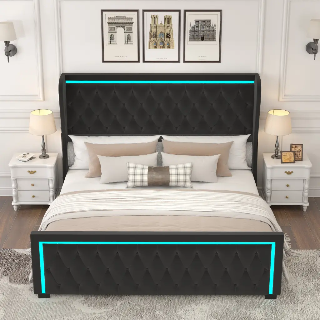 Queen Platform Bed Frame High Headboard Velvet Upholstered Bed welike furniture