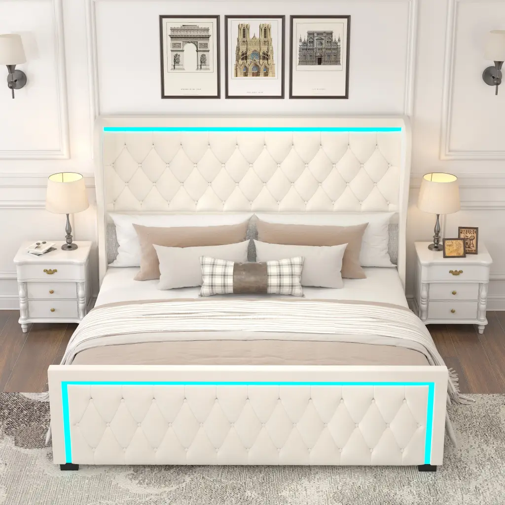 Queen Platform Bed Frame High Velvet Upholstered Headboard welike furniture