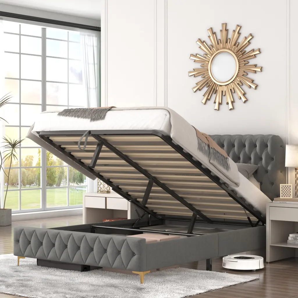 Queen Platform Bed Frame Pneumatic Hydraulic Function and Velvet Upholstery welike furniture