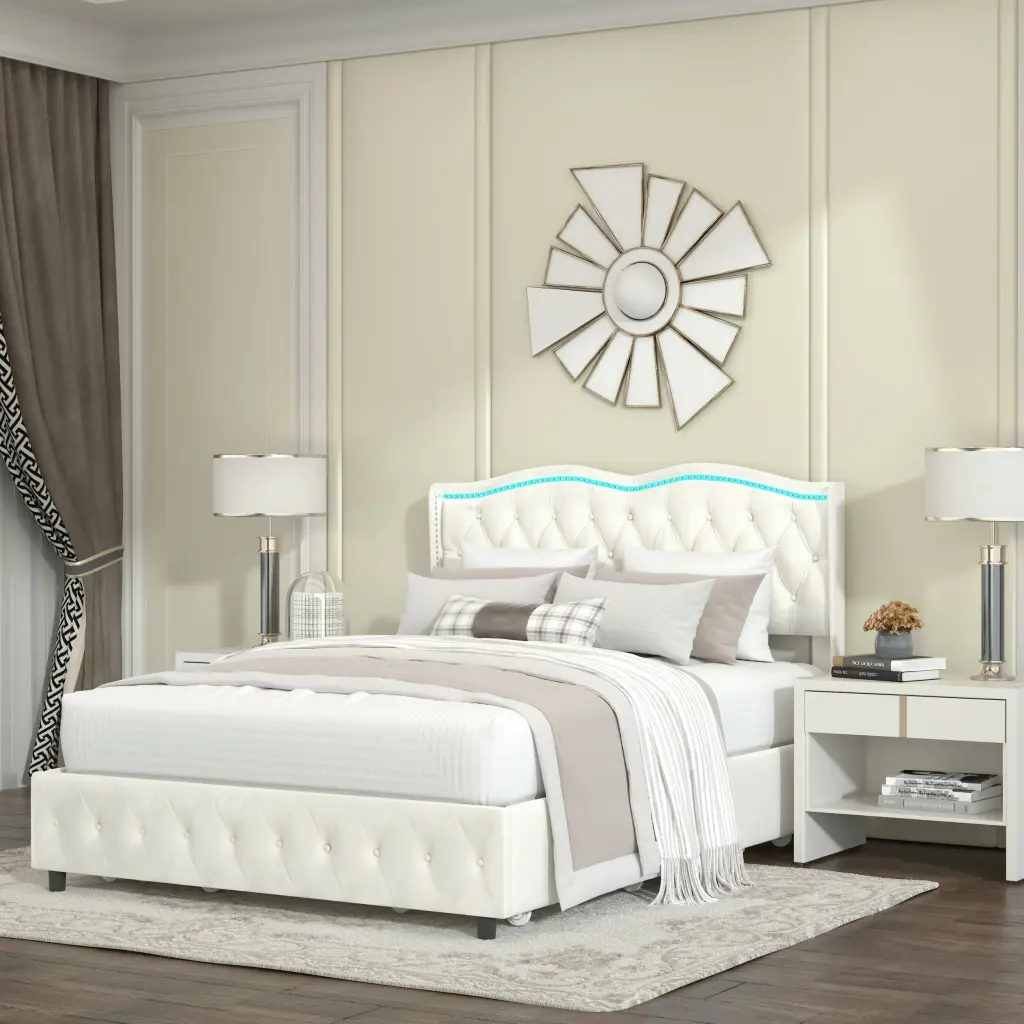 Queen Platform Bed Frame Velvet Upholstered Bed Deep Tufted Buttons welike furniture