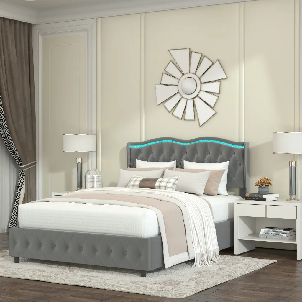 Queen Platform Bed Frame Velvet Upholstered Bed Deep Tufted Button welike furniture