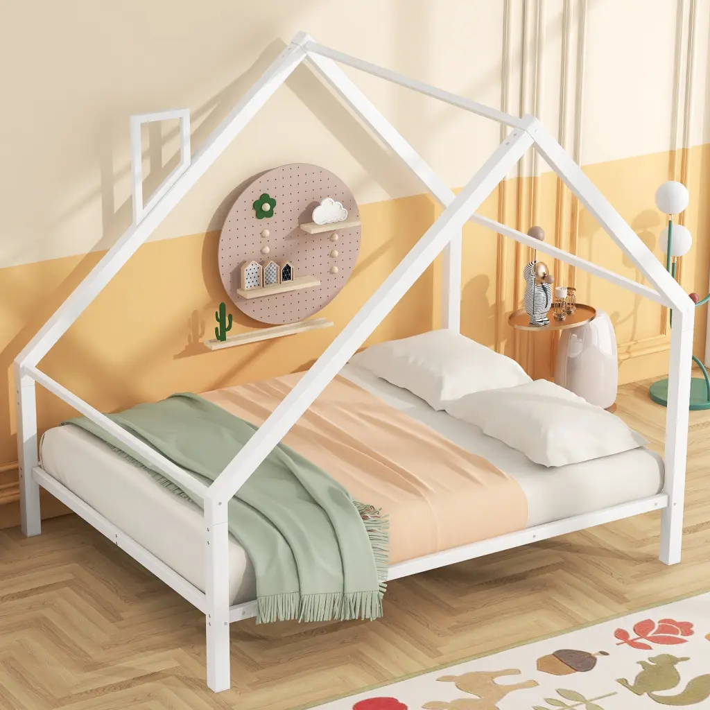 Full Dimensions Metal Houtilize Platform Bed Roof And Chimney, White Box Spring - Industrial Bed Frame wm dreamland