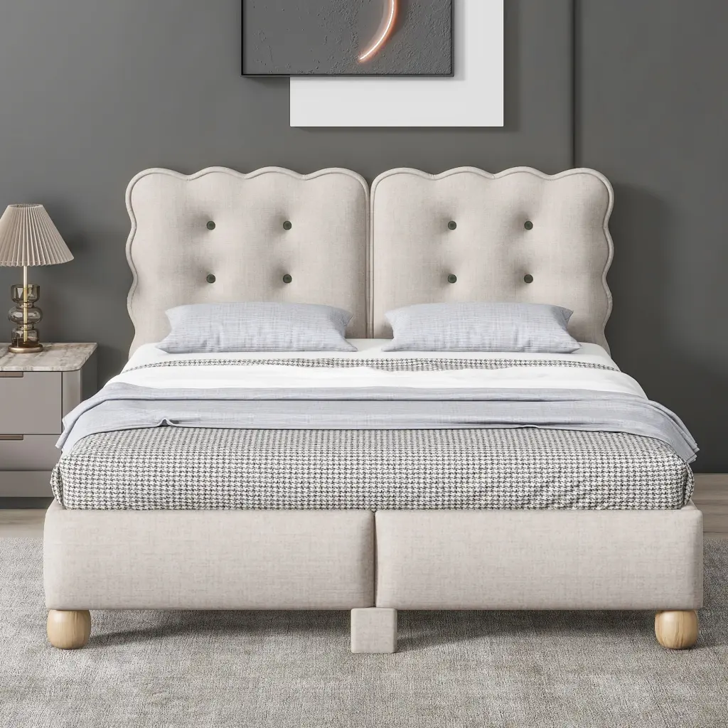 Full Dimensions Upholstered Platform Bed Assistance Legs Beige wm dreamland