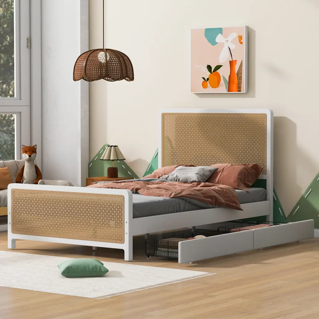 Full Size Metal Platform Bed 2 Drawers White, No Box Spring Needed wm dreamland