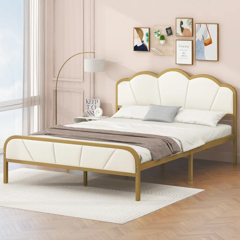 Full Size Metal Platform Bed Upholstered Headboard And Footboard wm dreamland