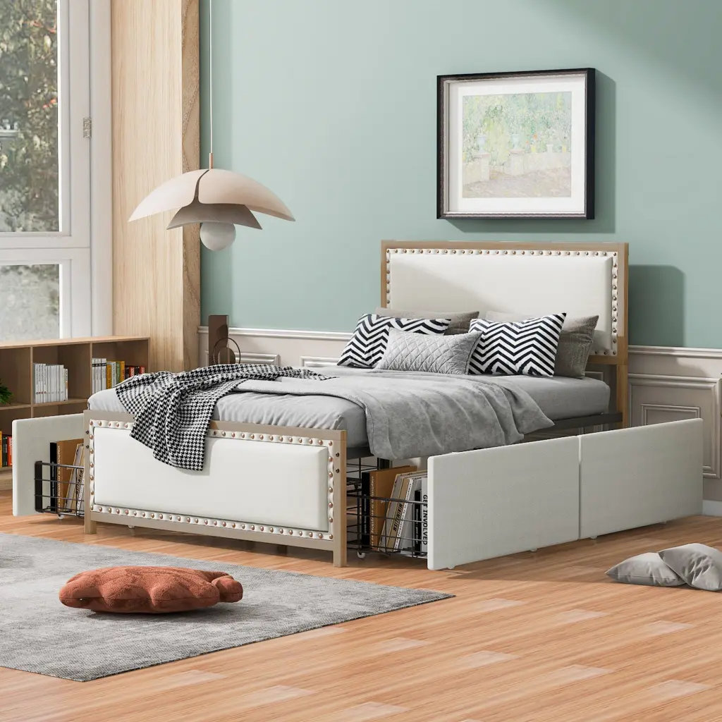 Full Size Upholstered Platform Bed Decorative Headboard and 4 Drawers Brown wm dreamland