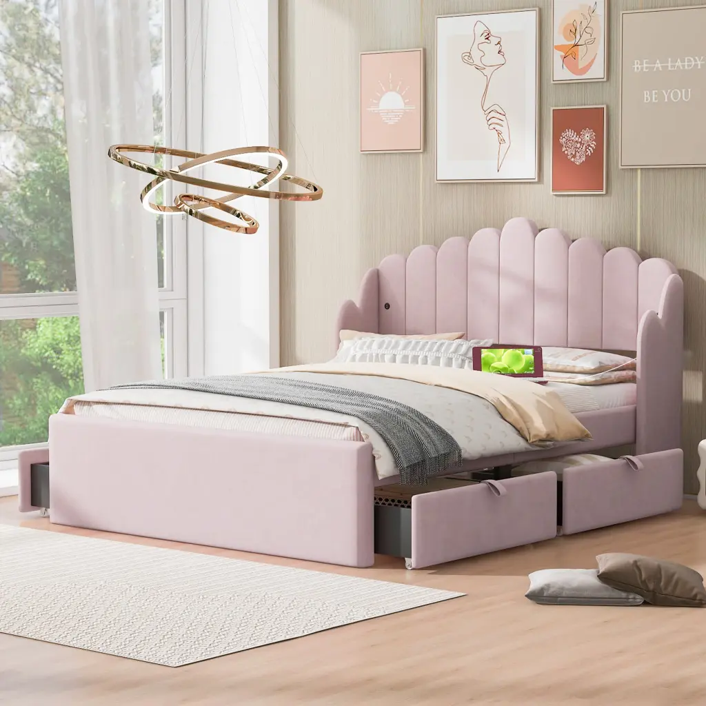 Full Size Upholstered Platform Bed 4 Drawers And 2 USB Ports Pink Box wm dreamland