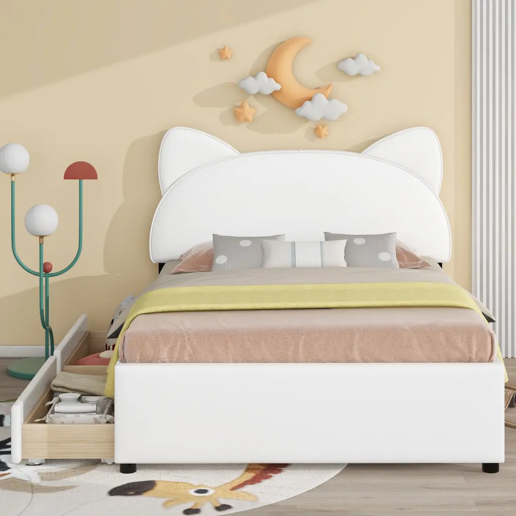 Full Size Upholstered Platform Bed Shopping Basket-Inspired Headboard wm dreamland