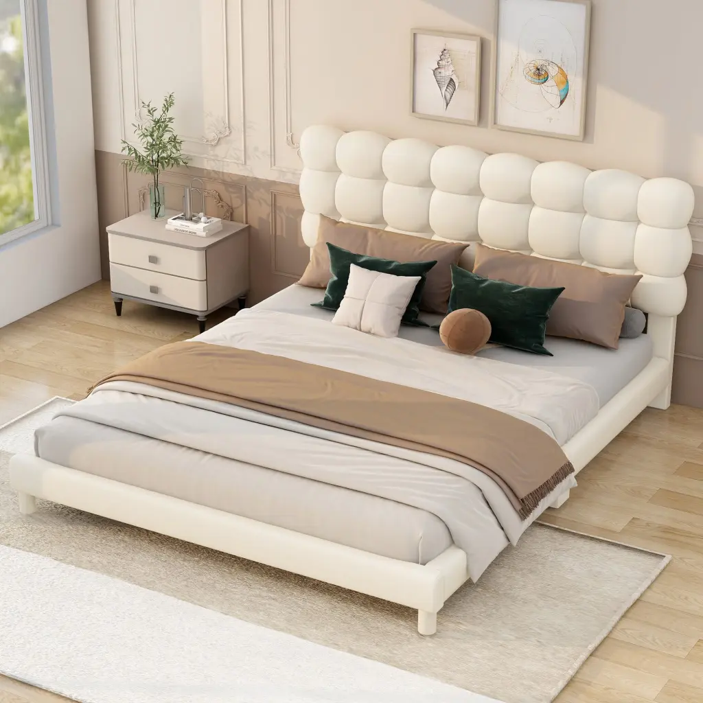 Full Size Upholstered Platform Bed Soft Headboard Beige wm dreamland