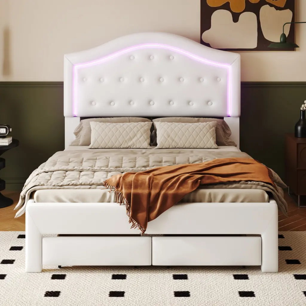 Full Size Upholstered Platform Bed Tufted Headboard LED 2 Drawers wm dreamland