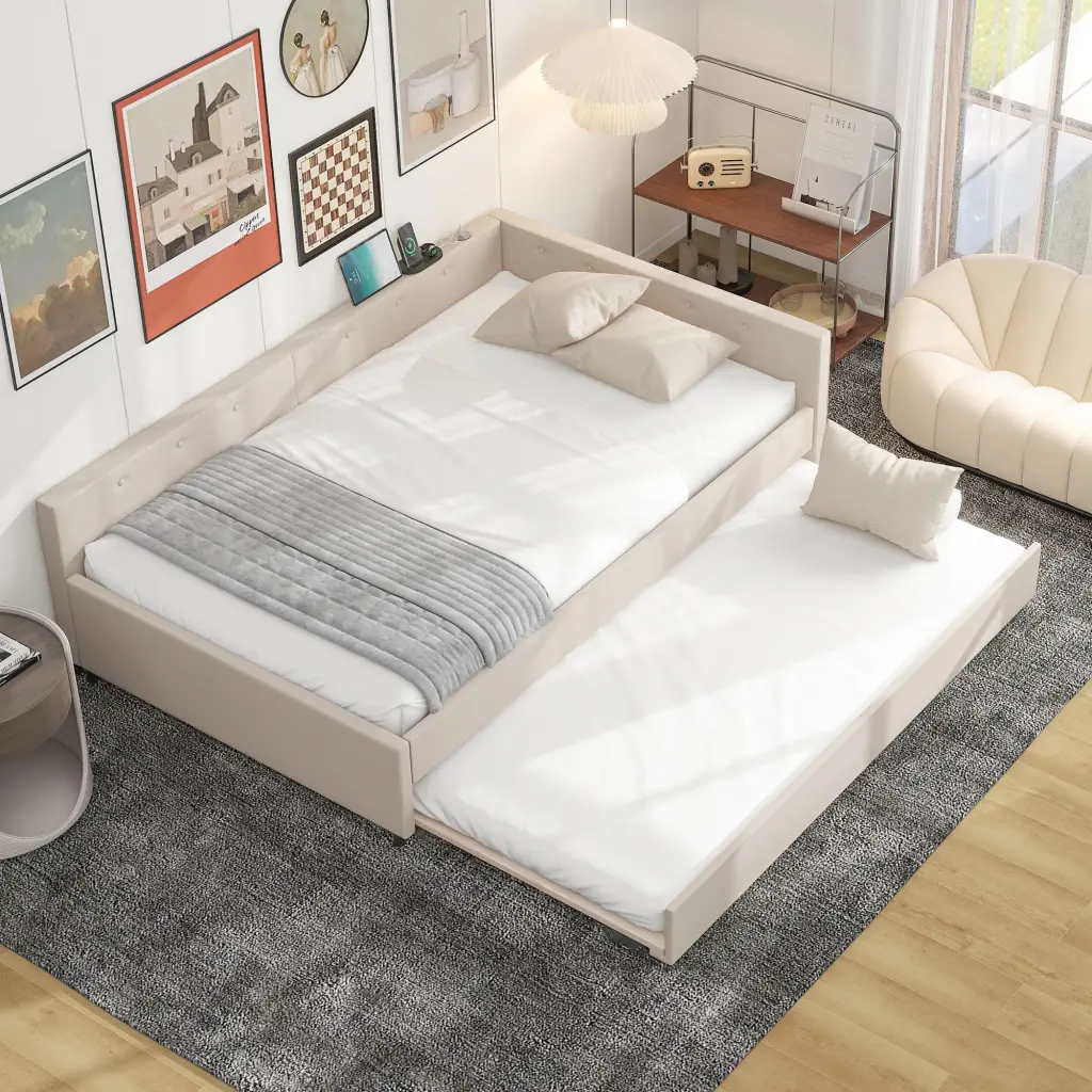 Full Size Upholstered Platform Bed USB Ports and Twin Size Trundle - Modern Bedroom Furniture wm dreamland