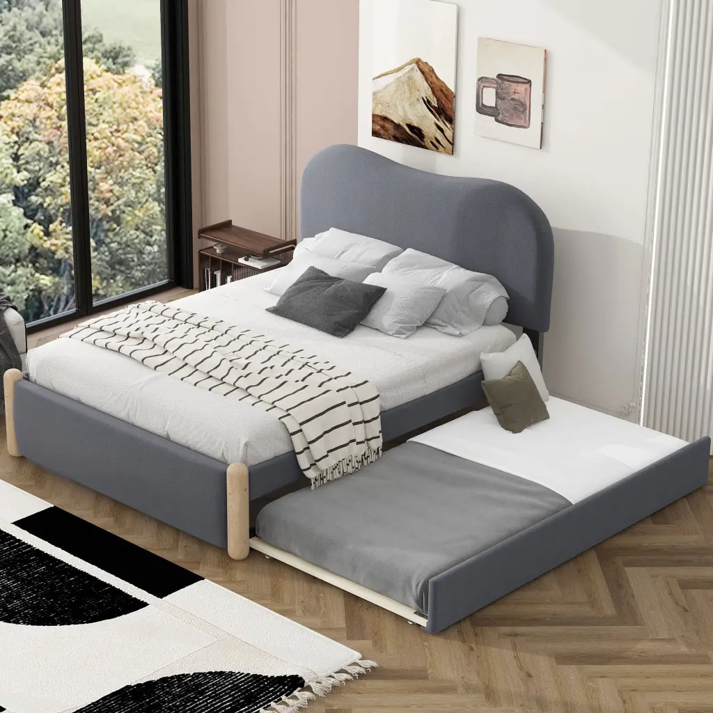 Full Size Upholstered Platform Bed Wood Supporting Feet and Twin wm dreamland
