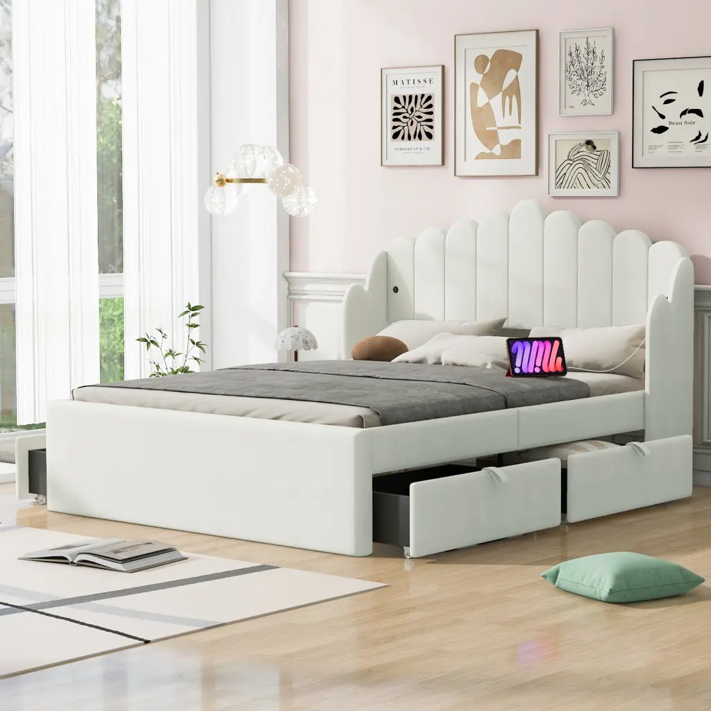 Full Upholstered Platform Bed 4 Drawers and 2 USB Ports Beige wm dreamland
