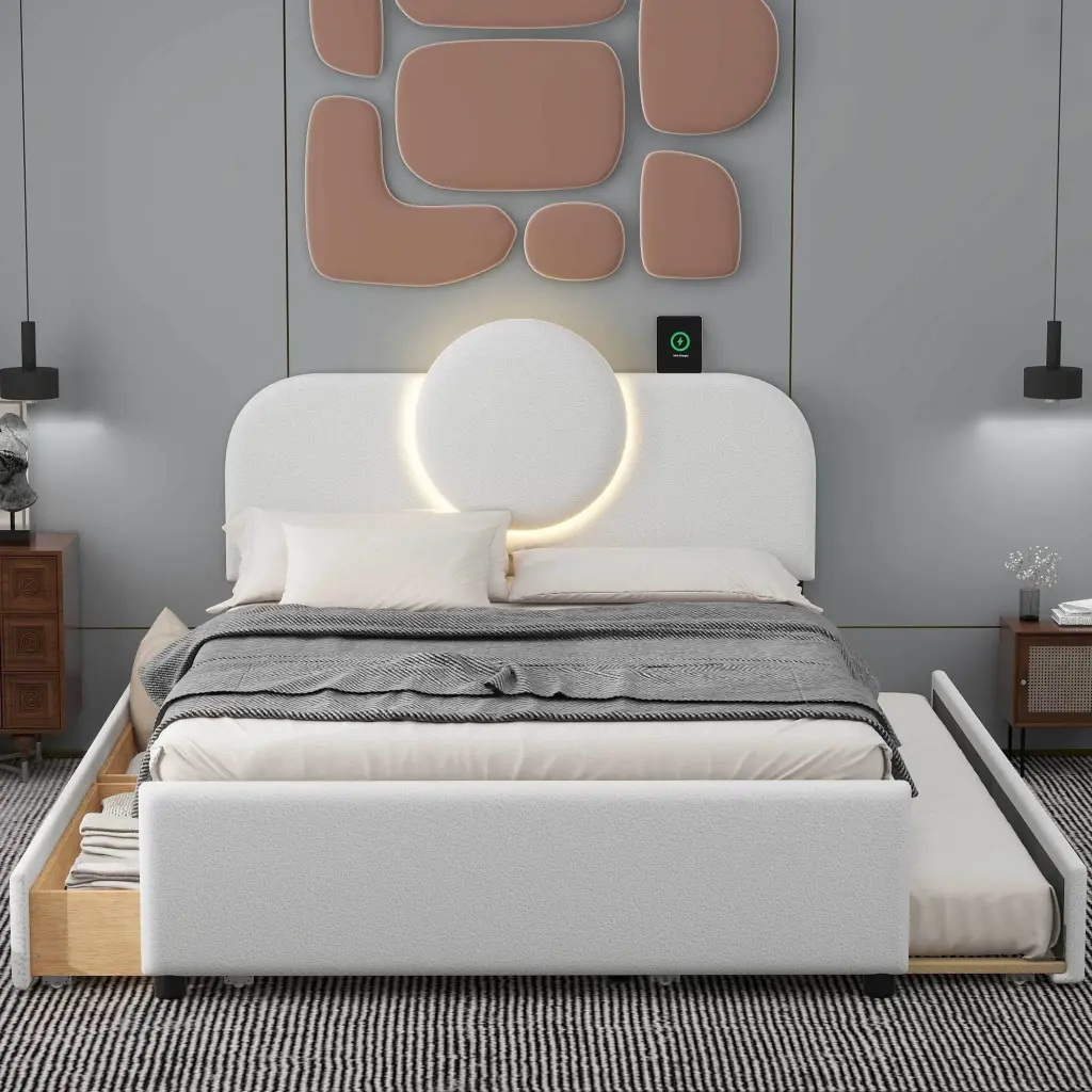Full Upholstered Platform Bed Multi-Functional Headboard wm dreamland