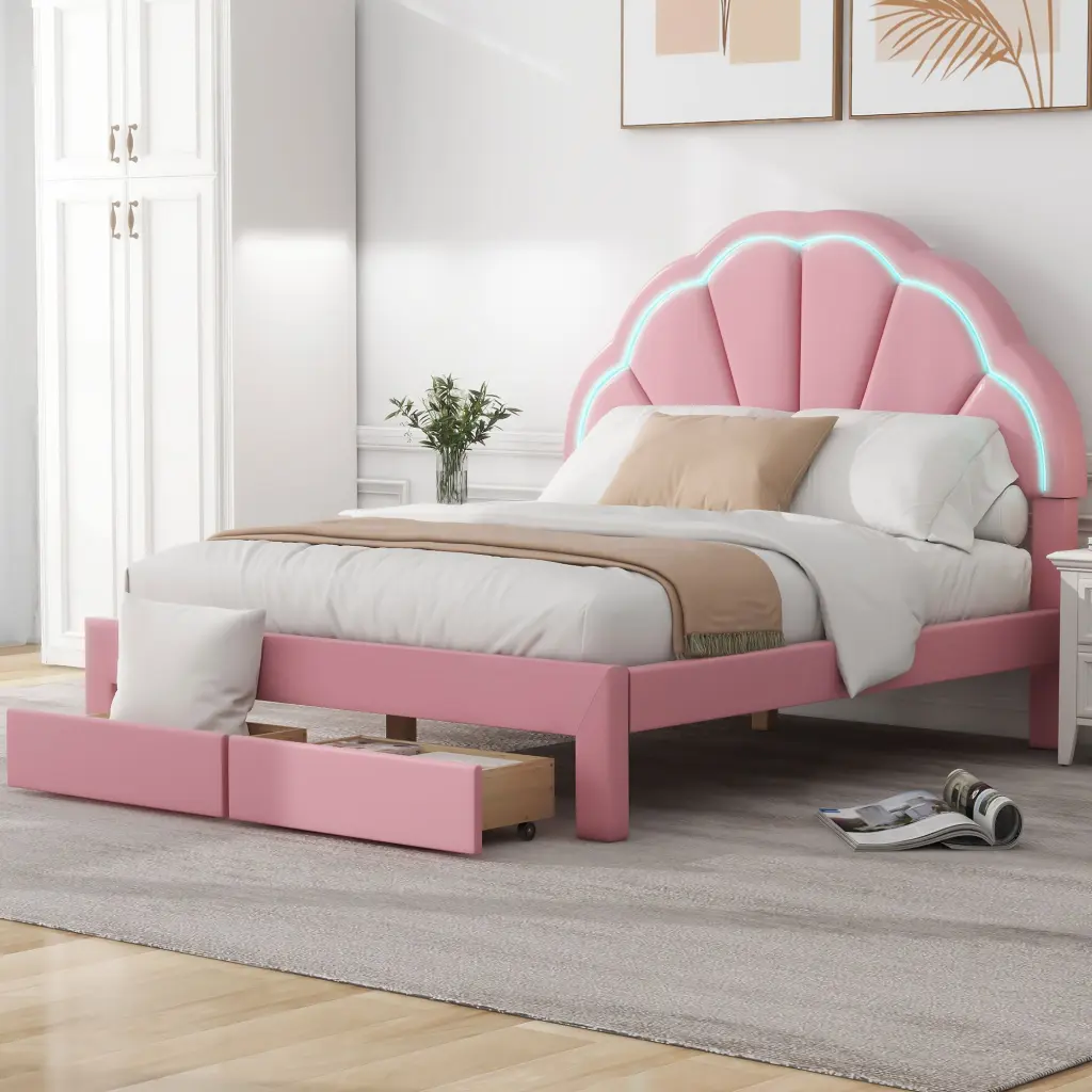 Full Upholstered Platform Bed Seashell Shaped Headboard LED Lighting wm dreamland