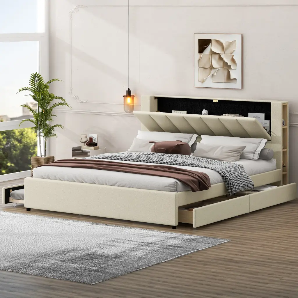 King Size Upholstered Platform Bed Storage Headboard and 2 Drawers wm dreamland