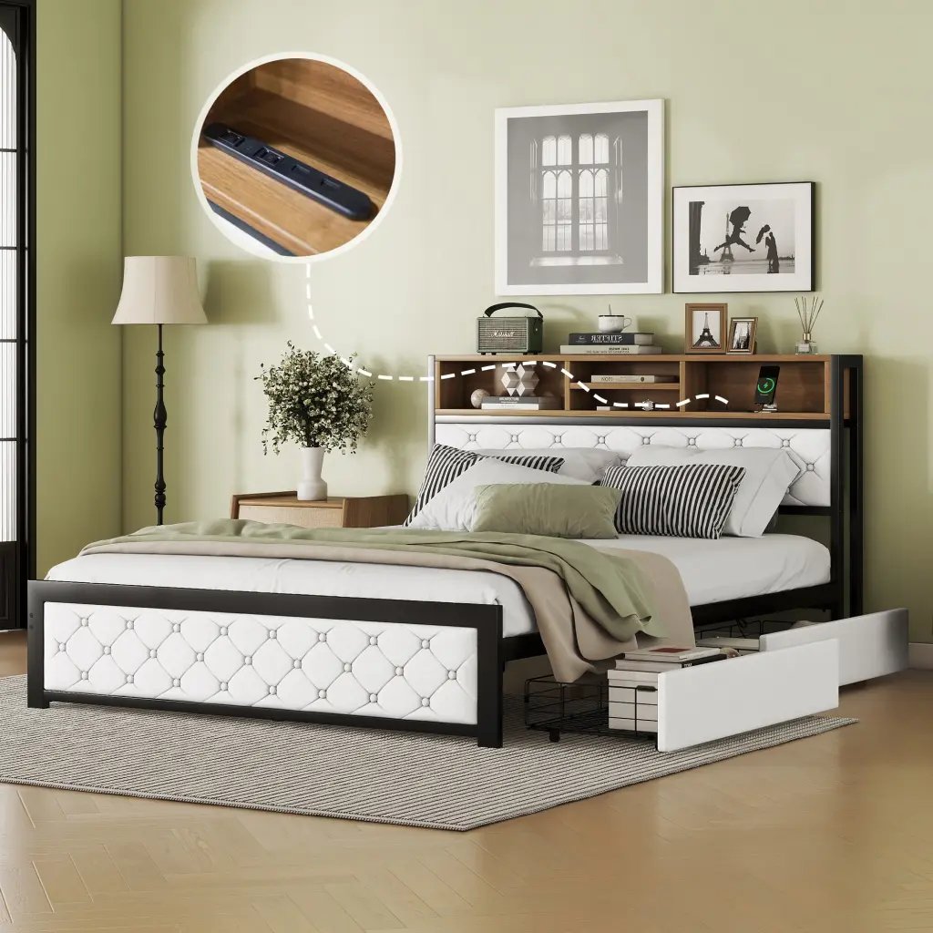 Metal Queen Dimensions Platform Bed 4 Drawers Upholstered Headboard wm dreamland