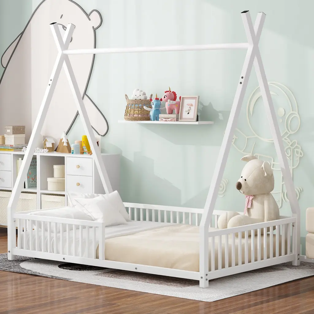 Metal Twin Size Platform Bed Triangle Structure And Guardrail wm dreamland