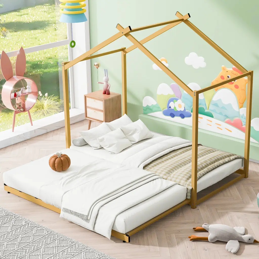 Metal Twin Size Platform Bed Trundle Gold Box Spring Not Required wm dreamland
