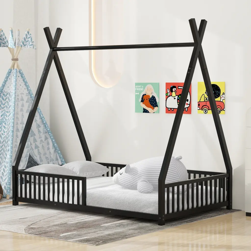 Metallic Twin Platform Bed Triangle Structure And Guardrails wm dreamland