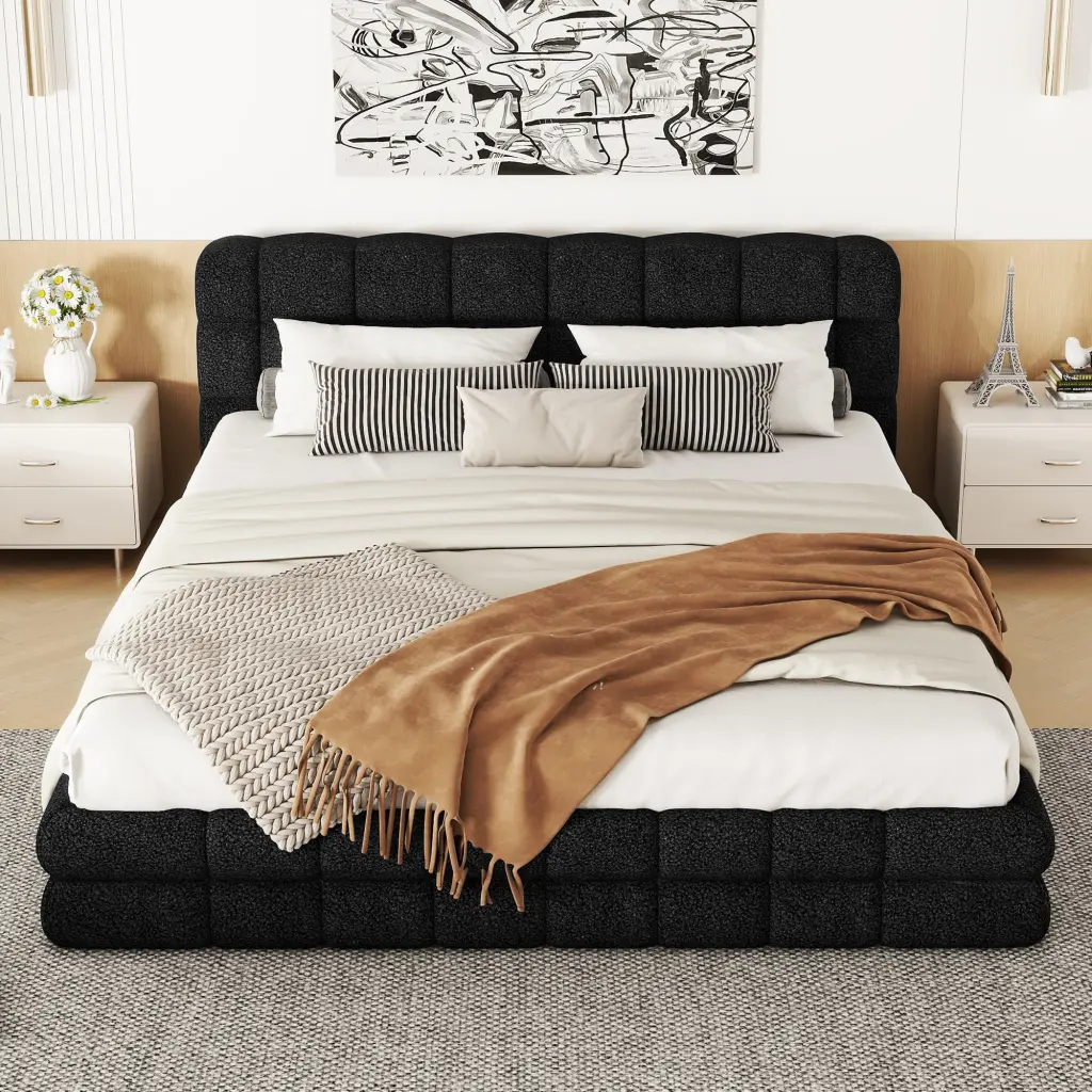 Queen Size Upholstered Platform Bed Black No Box Spring Required wm dreamland