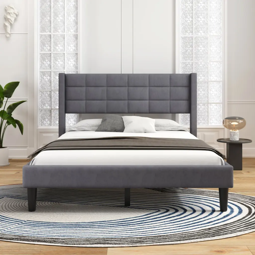 Queen Size Upholstered Platform Bed Substantial Legs wm dreamland