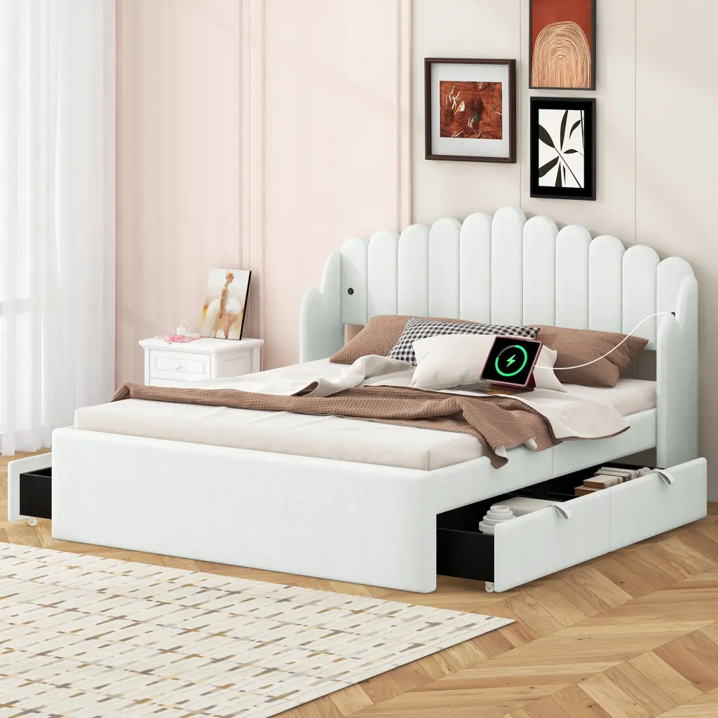 Queen Upholstered Platform Bed 4 Drawers and 2 USB Ports Beige wm dreamland