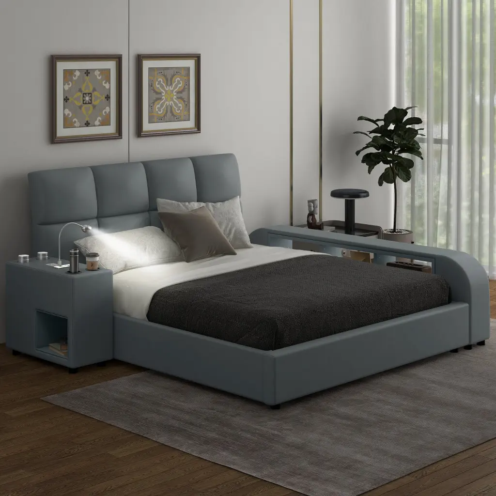 Queen Upholstered Platform Bed Multimedia Nightstand Storage Modern Bed Frame wm dreamland