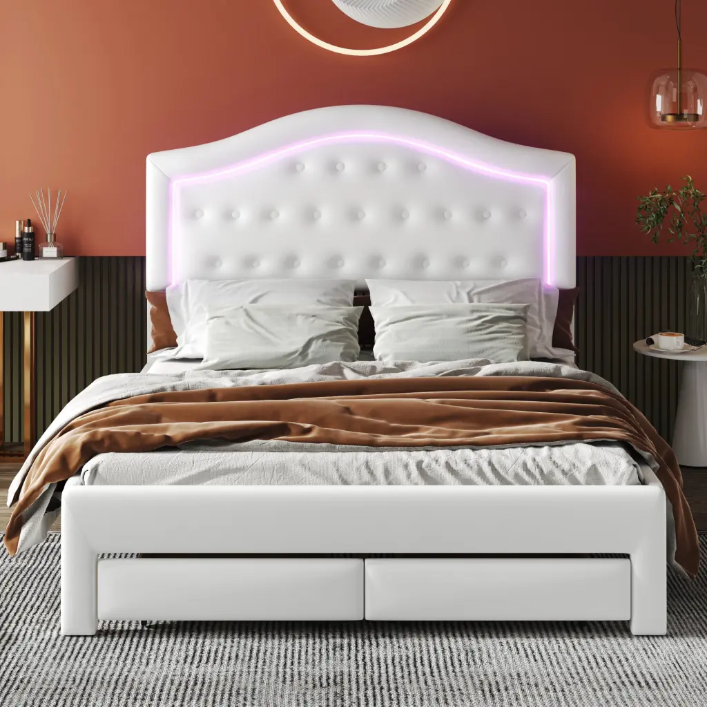 Queen Upholstered Platform Bed Tufted Headboard LED Lights and 2 Drawers wm dreamland