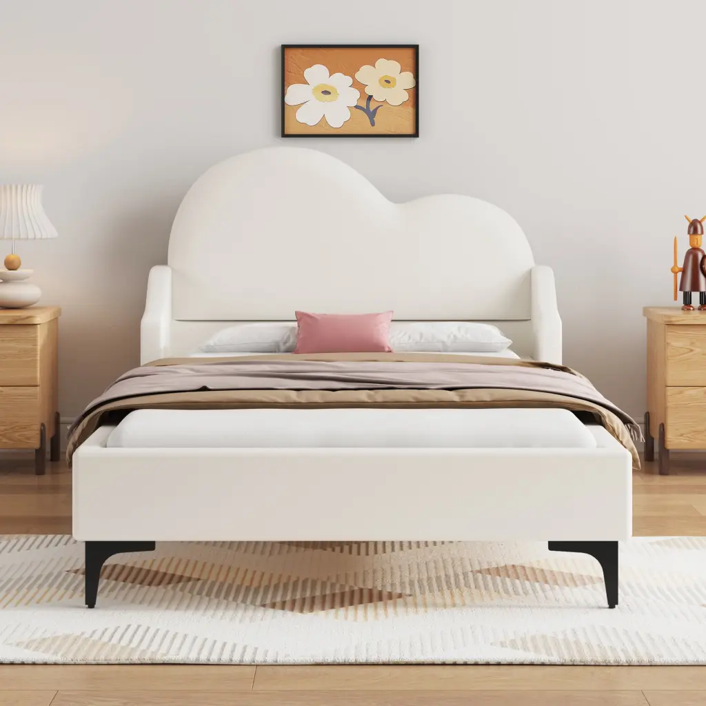 Twin Dimensions Upholstered Platform Bed Cloud Shaped Headboard Beige wm dreamland