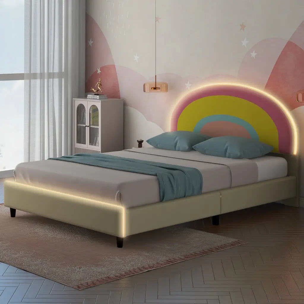 Twin Dimensions Upholstered Platform Bed Rainbow Shaped And Height Adjustable Modern Bed Frame wm dreamland