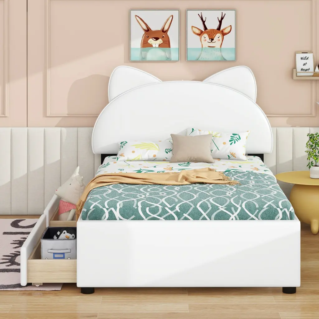 Twin Size Upholstered Platform Bed Bunny Ears Headboard wm dreamland