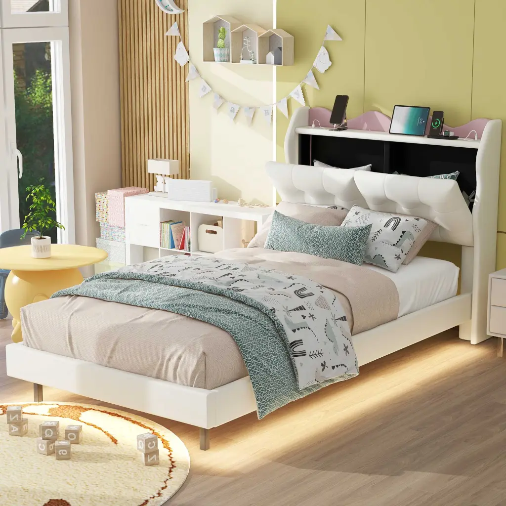 Twin Size Upholstery Platform Bed Frame LED Light Strips and Headboard wm dreamland