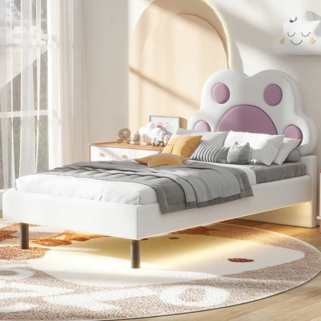 Twin Upholstered Platform Bed Animal Paw Headboard and Footboard wm dreamland