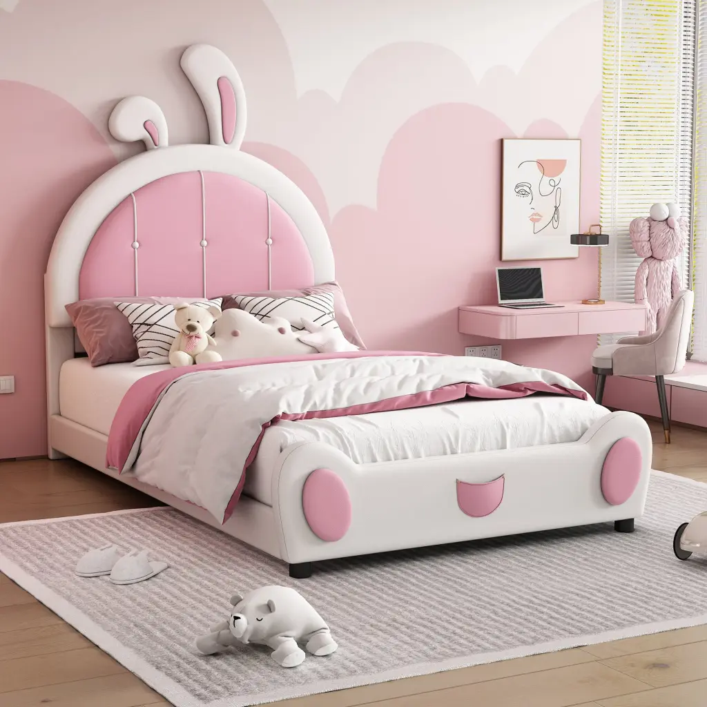 Twin Upholstered Platform Bed Rabbit Shaped Headboard White Fabric wm dreamland