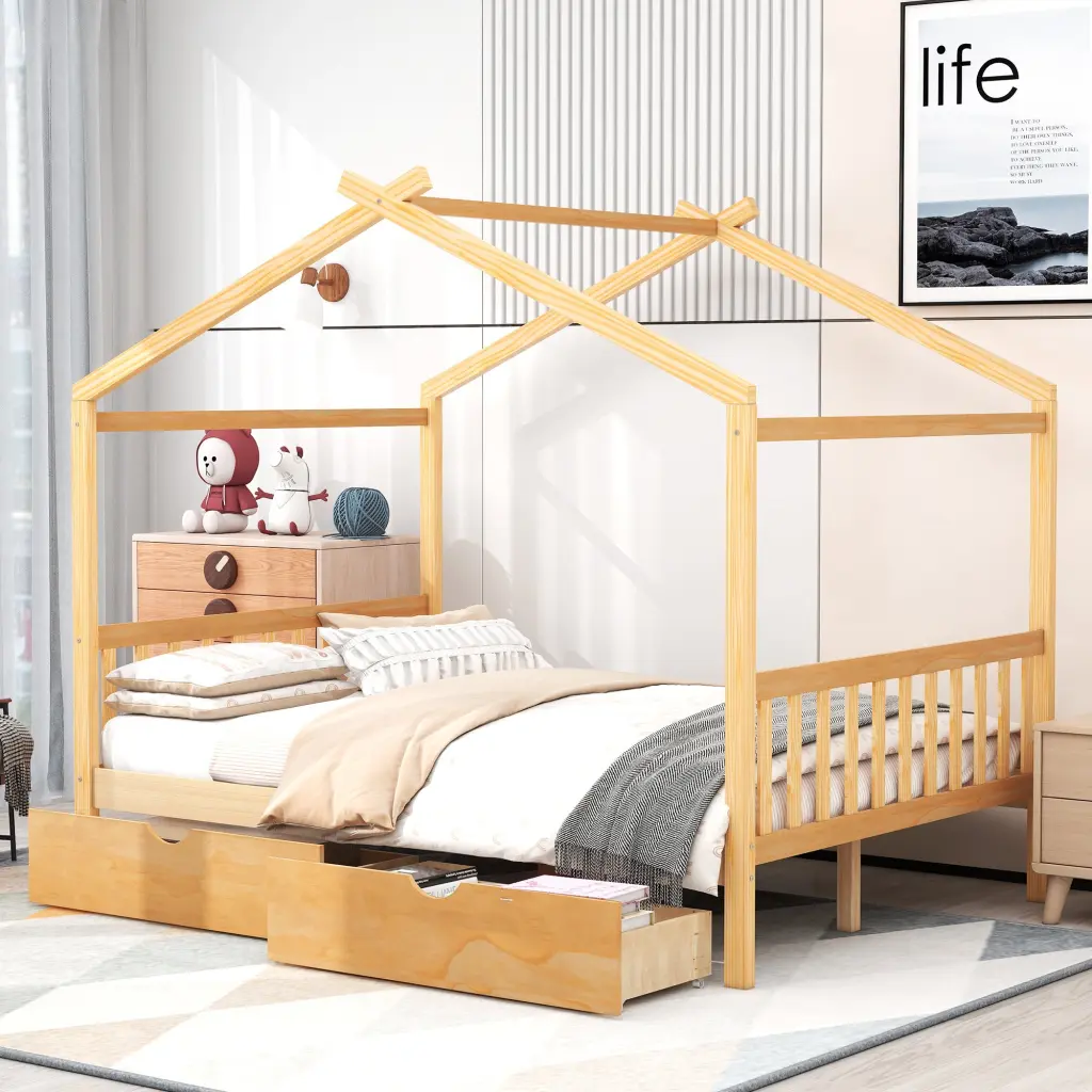 Full Dimensions Houtilize Platform Bed Two Drawers Headboard And Footboard wm store