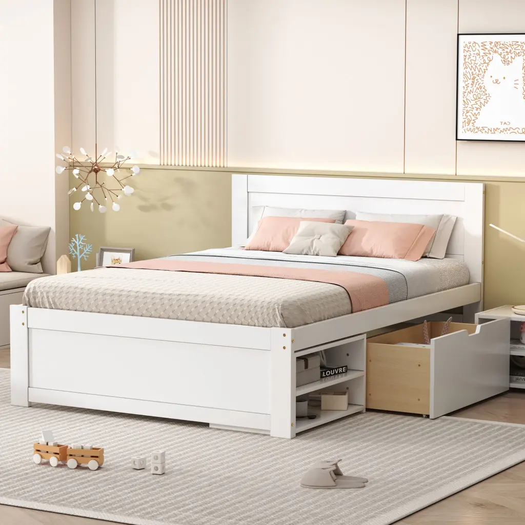 Full Dimensions Platform Bed Drawer And Two Shelves White Full Antique Design wm store