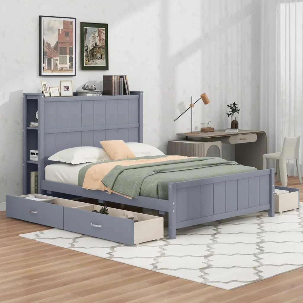 Full Dimensions Platform Bed Drawers And Storage Shelves Gray Gray Sol wm store