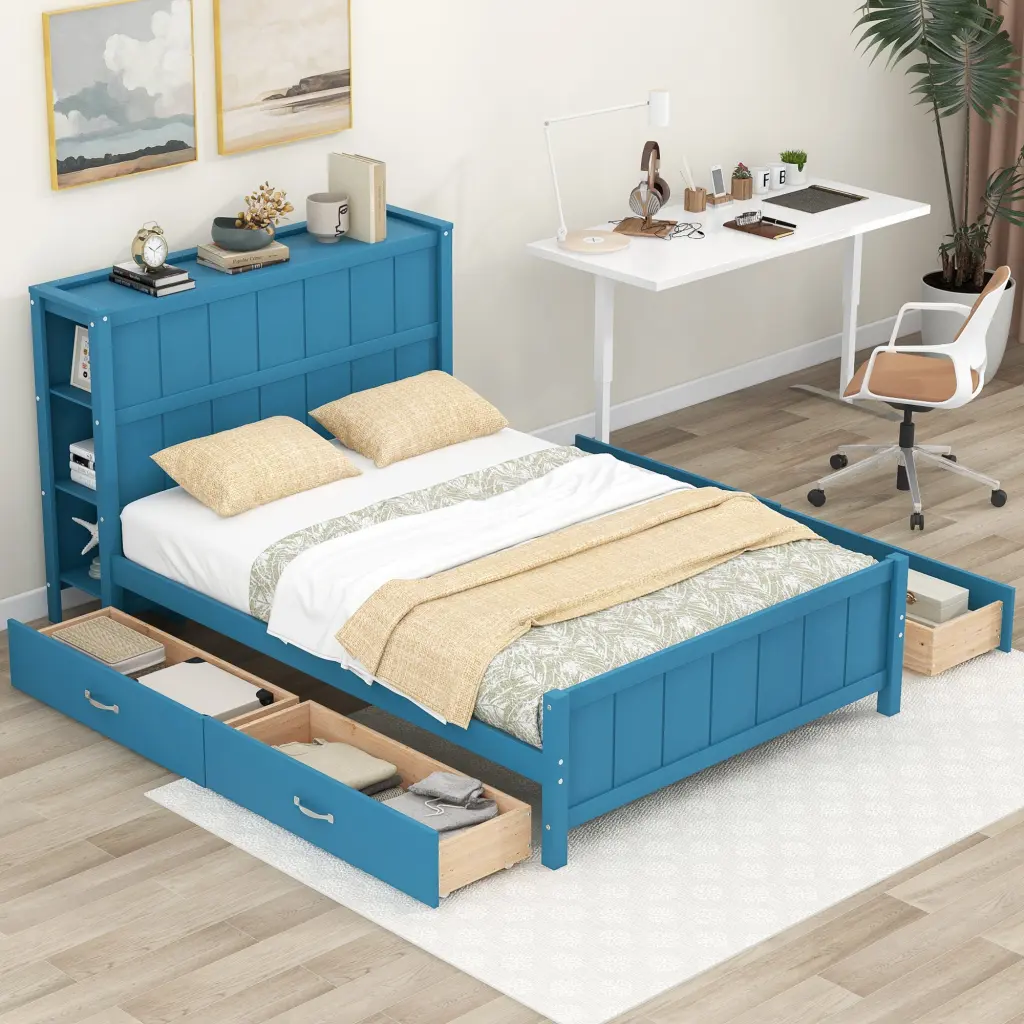 Full Dimensions Platform Bed Drawers And Storage Shelves Blue Blue Sol wm store