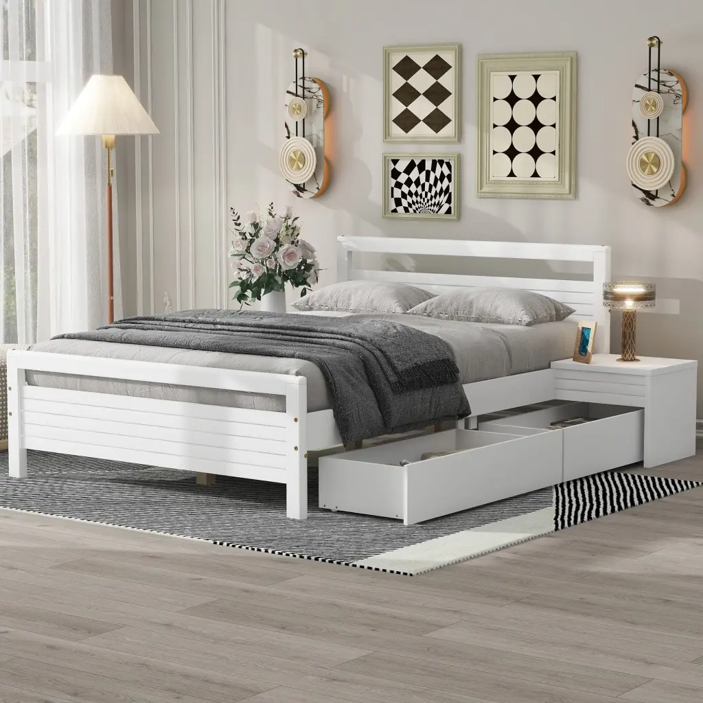 Full Dimensions Timber Platform Bed 2 Storage Drawers And 2 Bedside Tables wm store